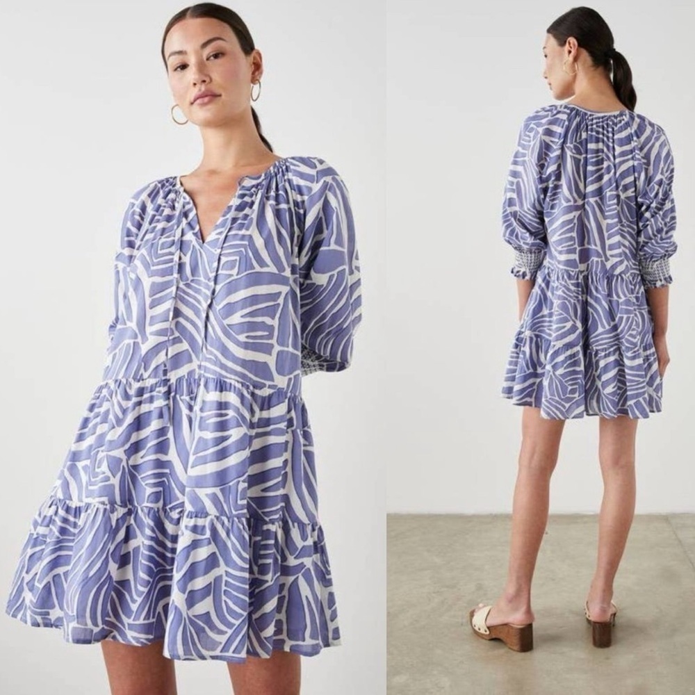 Rails Sia Mini Dress Island Waves Blue & White Print on Cotton Sleeves Sz M